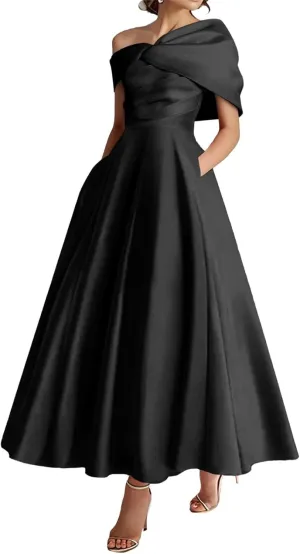 One Shoulder Satin Mother of The Bride Dresses for Women 2025 Tea Length A-Line Ruffle Formal Prom Evening Gowns