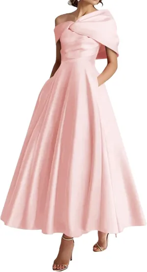 One Shoulder Satin Mother of The Bride Dresses for Women 2025 Tea Length A-Line Ruffle Formal Prom Evening Gowns