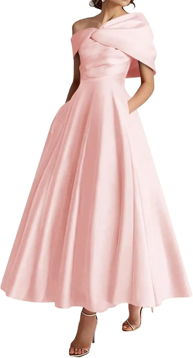 One Shoulder Satin Mother of The Bride Dresses for Women 2025 Tea Length A-Line Ruffle Formal Prom Evening Gowns