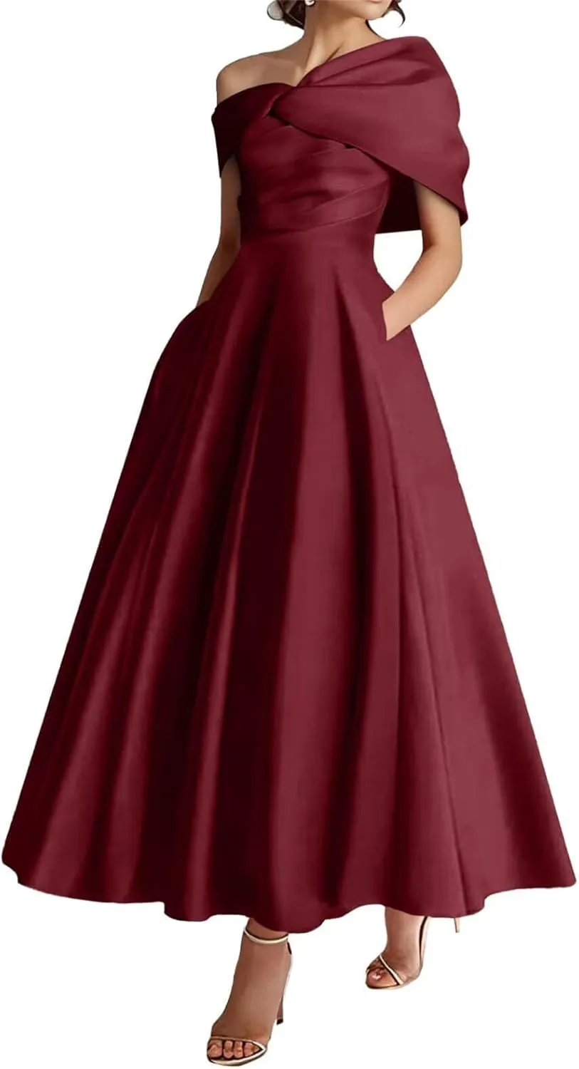 One Shoulder Satin Mother of The Bride Dresses for Women 2025 Tea Length A-Line Ruffle Formal Prom Evening Gowns