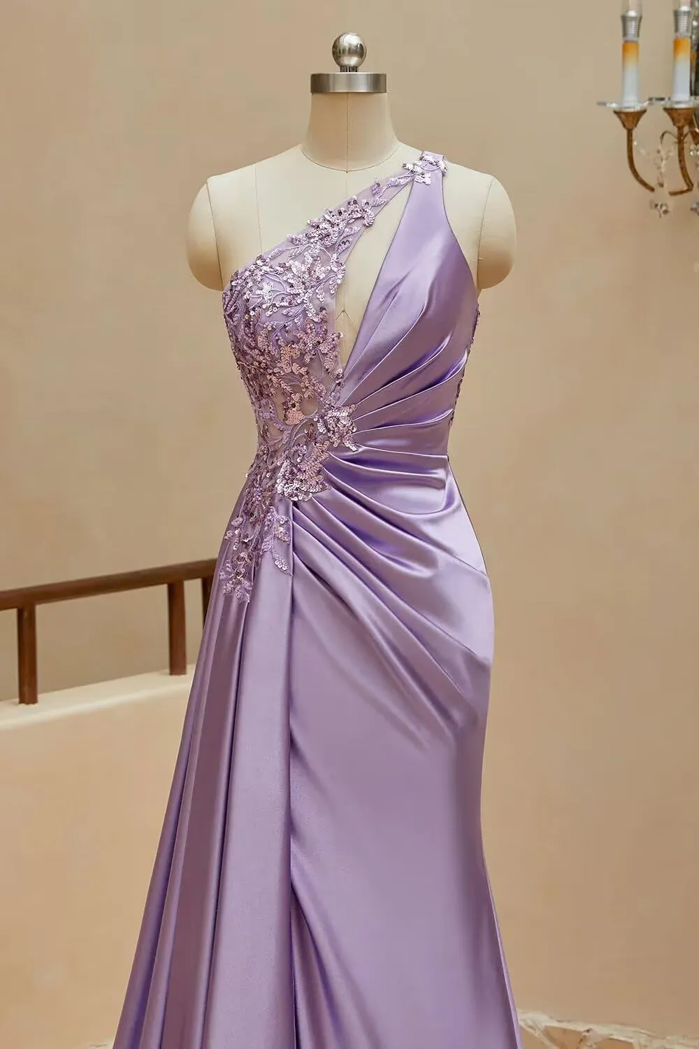 One Shoulder Satin Prom Dresses Beaded Formal Dress Mermaid Evening Party Dresses Long for Women with Slit