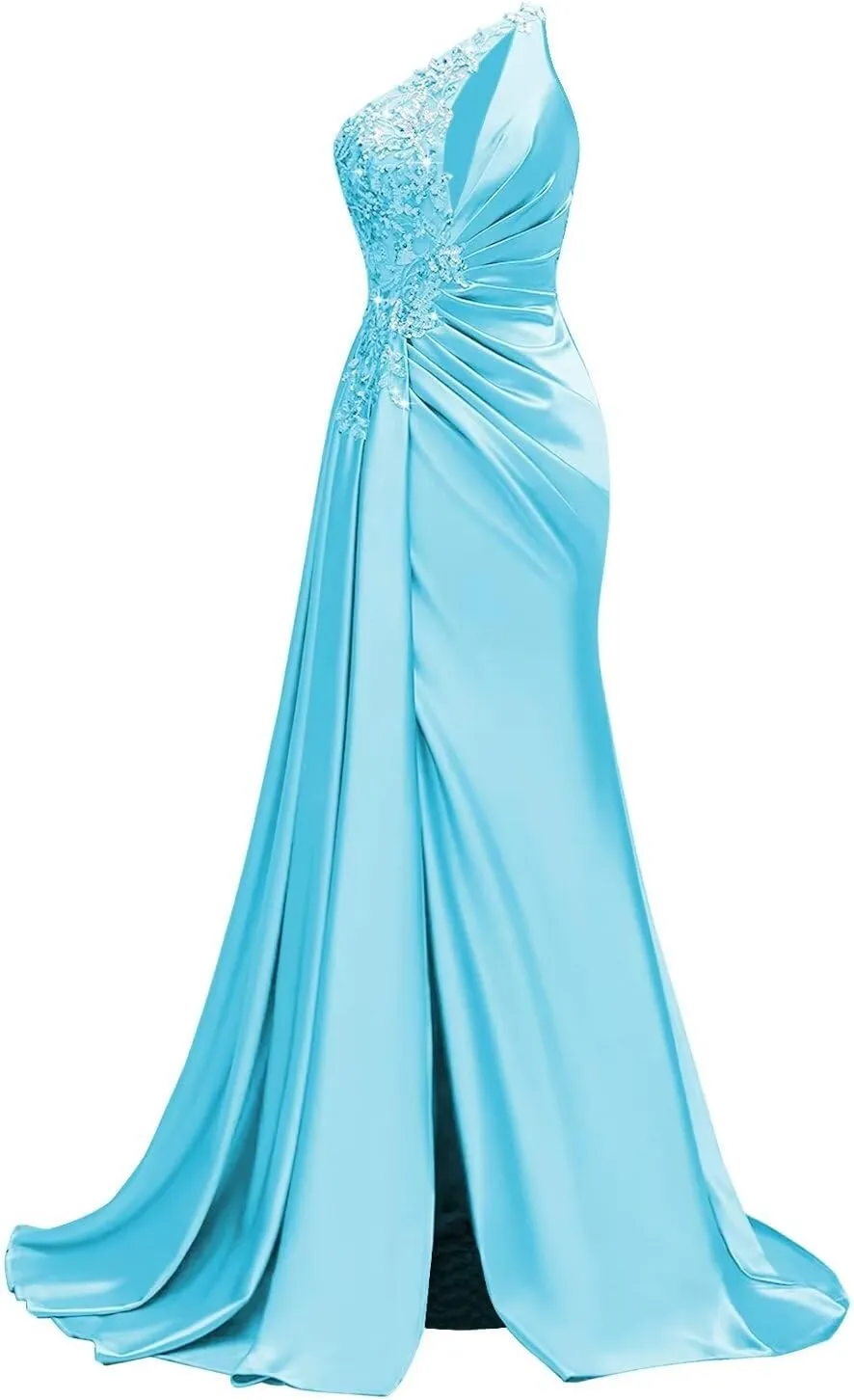 One Shoulder Satin Prom Dresses Beaded Formal Dress Mermaid Evening Party Dresses Long for Women with Slit