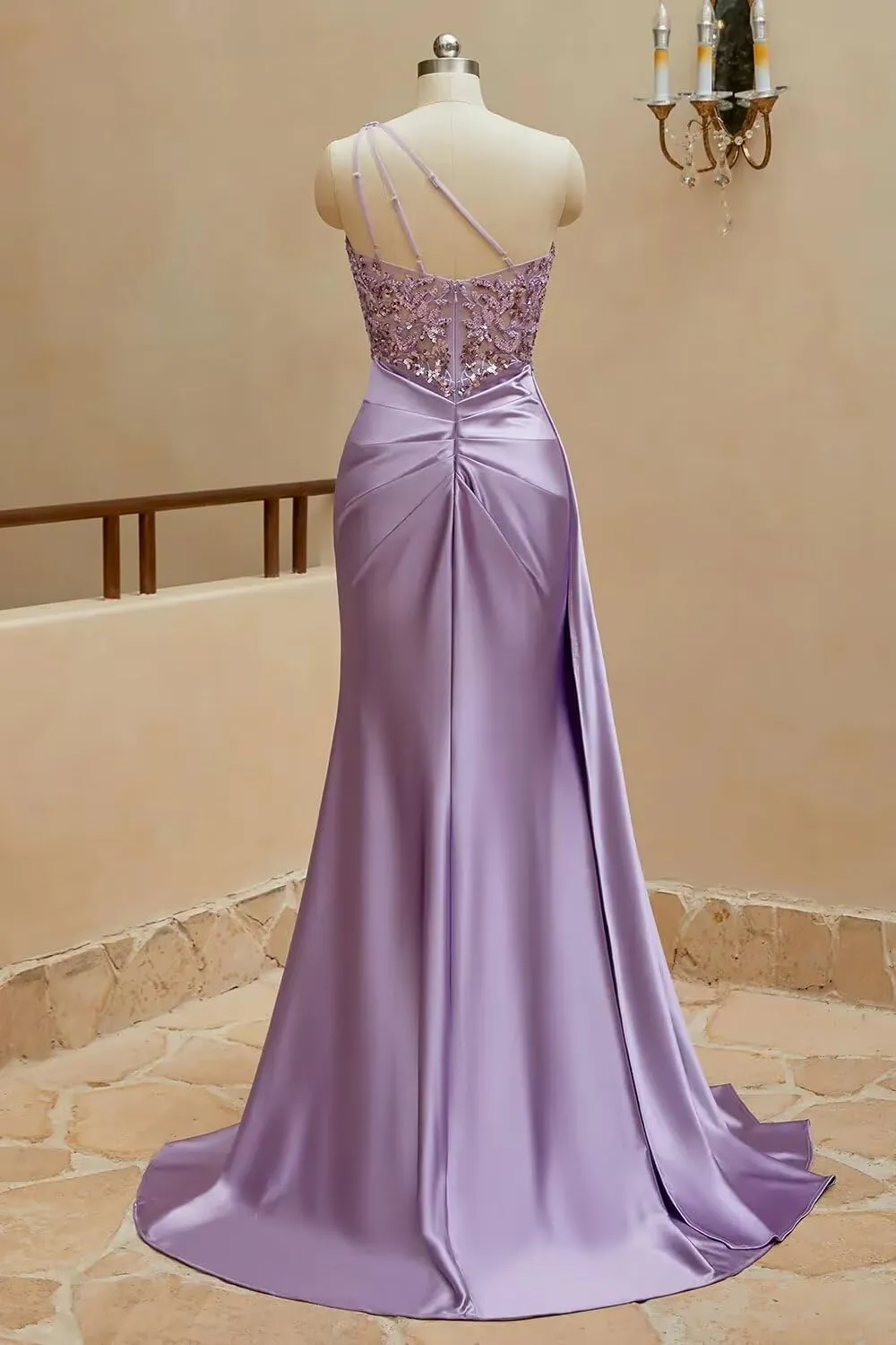 One Shoulder Satin Prom Dresses Beaded Formal Dress Mermaid Evening Party Dresses Long for Women with Slit