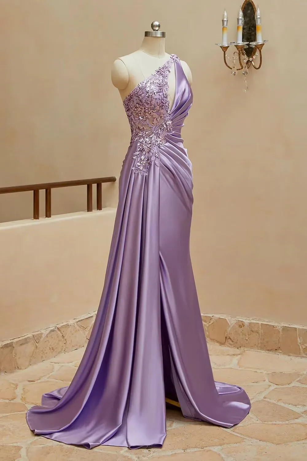 One Shoulder Satin Prom Dresses Beaded Formal Dress Mermaid Evening Party Dresses Long for Women with Slit