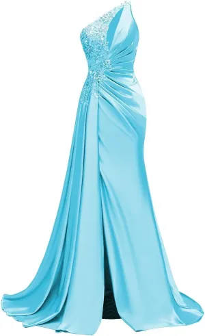One Shoulder Satin Prom Dresses Beaded Formal Dress Mermaid Evening Party Dresses Long for Women with Slit