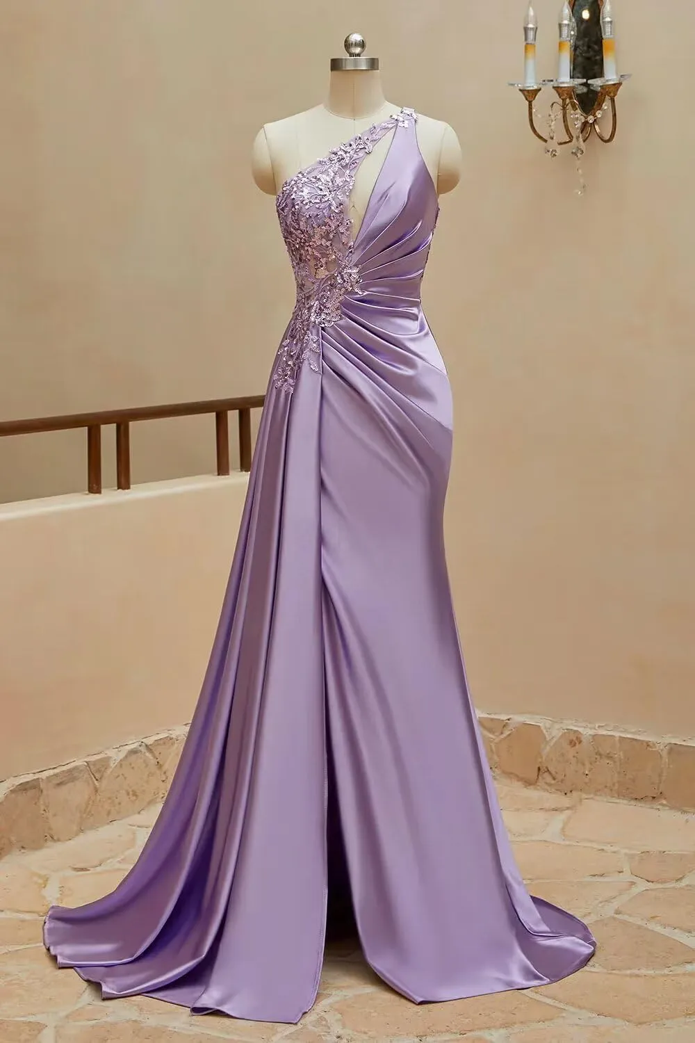 One Shoulder Satin Prom Dresses Beaded Formal Dress Mermaid Evening Party Dresses Long for Women with Slit