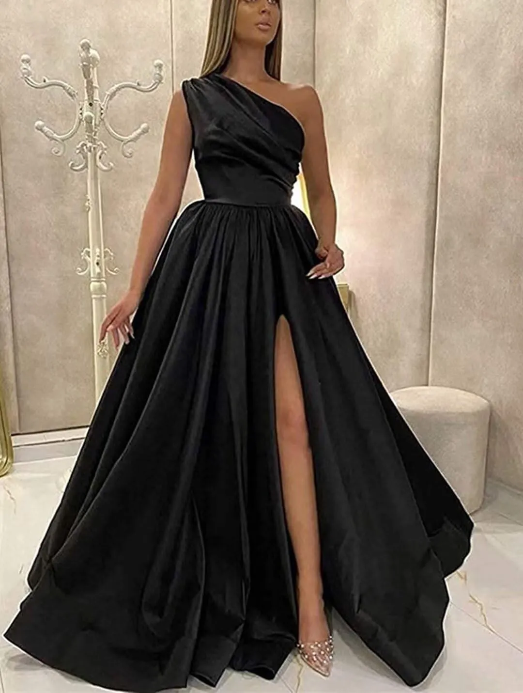 One Shoulder Satin Prom Dresses with Slit Long Formal Evening Party Dress 2024 Split Ball Gown with Pockets