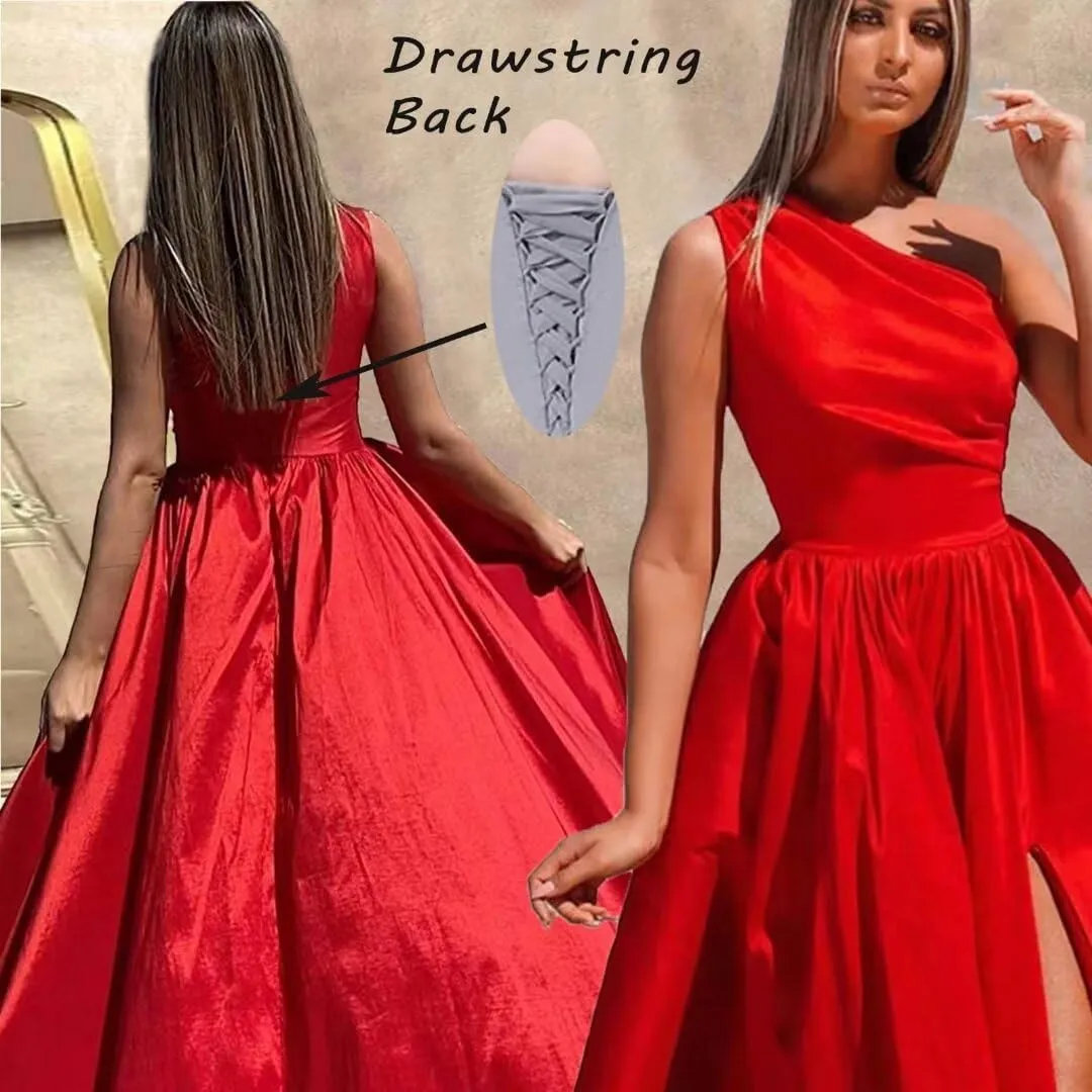 One Shoulder Satin Prom Dresses with Slit Long Formal Evening Party Dress 2024 Split Ball Gown with Pockets