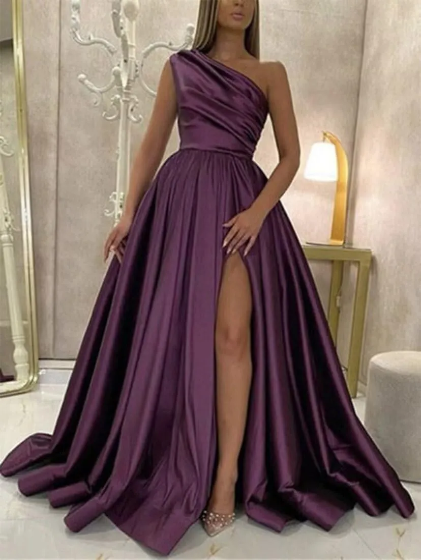 One Shoulder Satin Prom Dresses with Slit Long Formal Evening Party Dress 2024 Split Ball Gown with Pockets