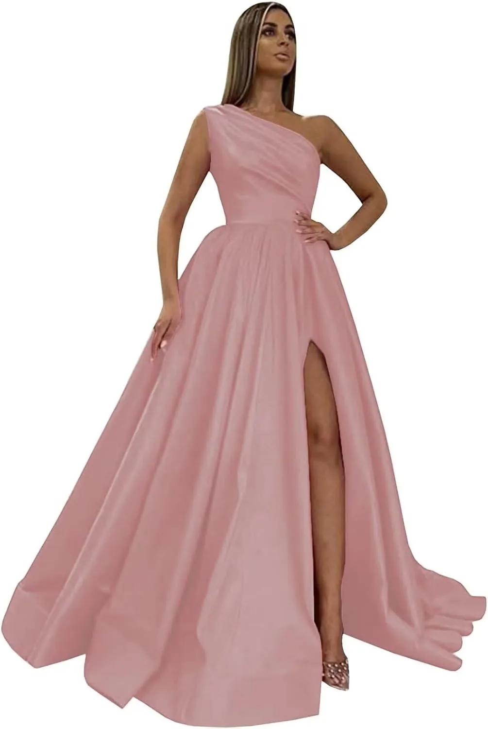One Shoulder Satin Prom Dresses with Slit Long Formal Evening Party Dress 2024 Split Ball Gown with Pockets