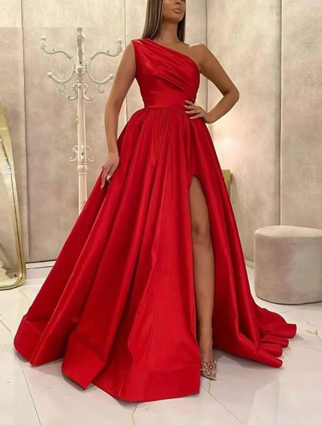 One Shoulder Satin Prom Dresses with Slit Long Formal Evening Party Dress 2024 Split Ball Gown with Pockets