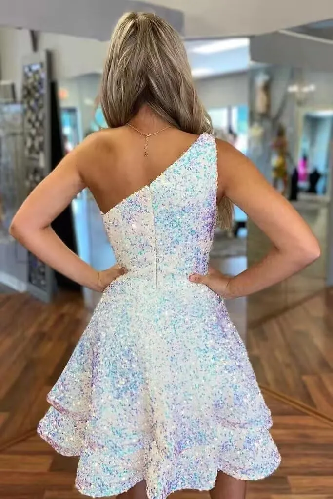 One Shoulder Sequin Homecoming Dresses for Teens Short Sparkly Layered Prom Party Gown