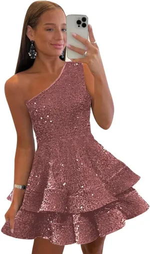 One Shoulder Sequin Homecoming Dresses for Teens Short Sparkly Layered Prom Party Gown