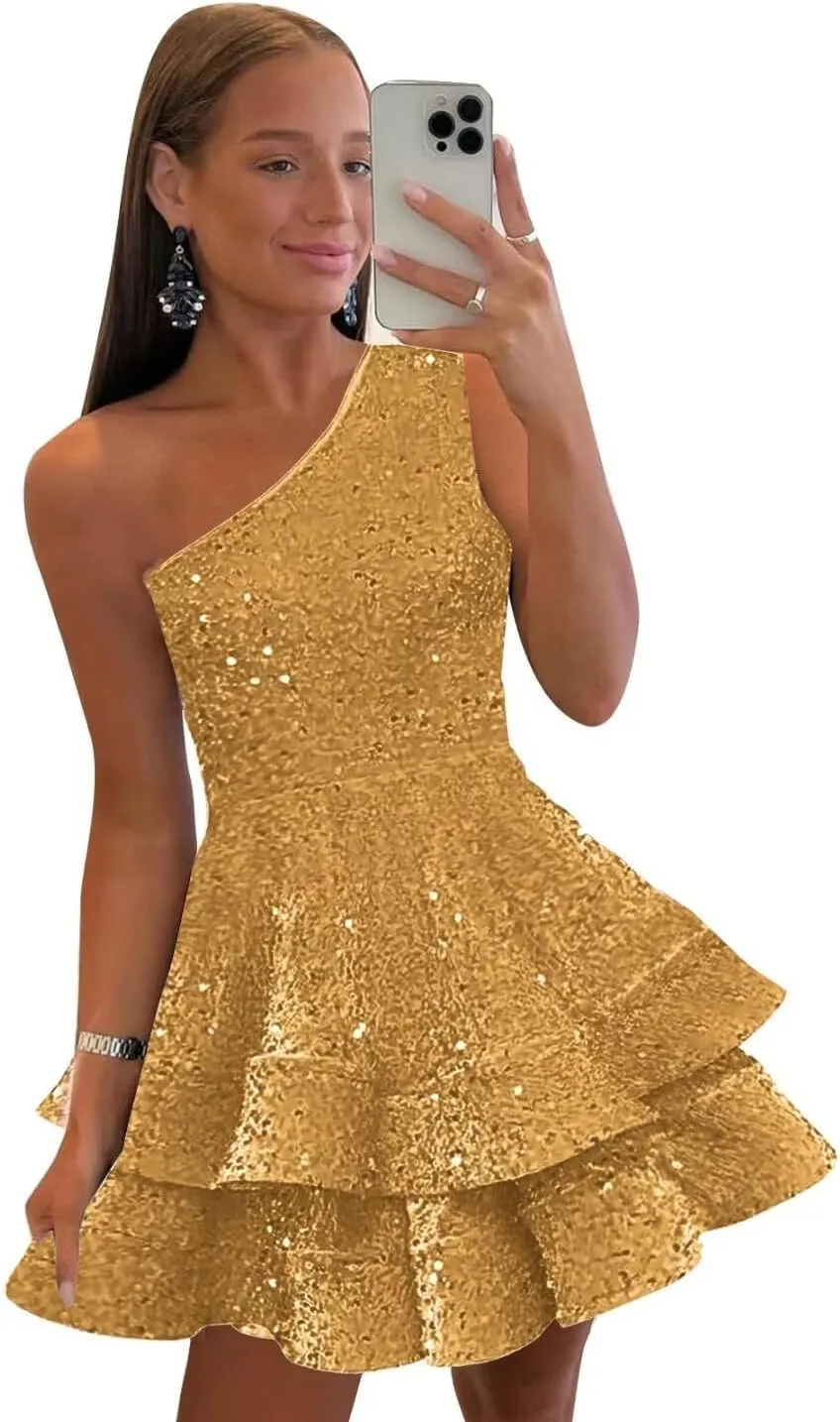 One Shoulder Sequin Homecoming Dresses for Teens Short Sparkly Layered Prom Party Gown