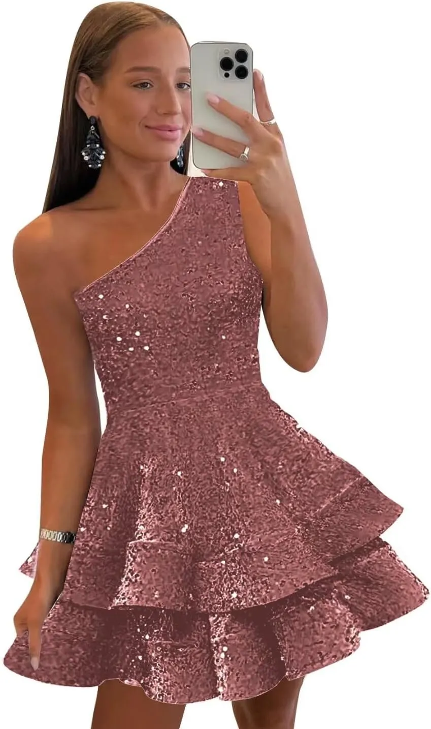 One Shoulder Sequin Homecoming Dresses for Teens Short Sparkly Layered Prom Party Gown