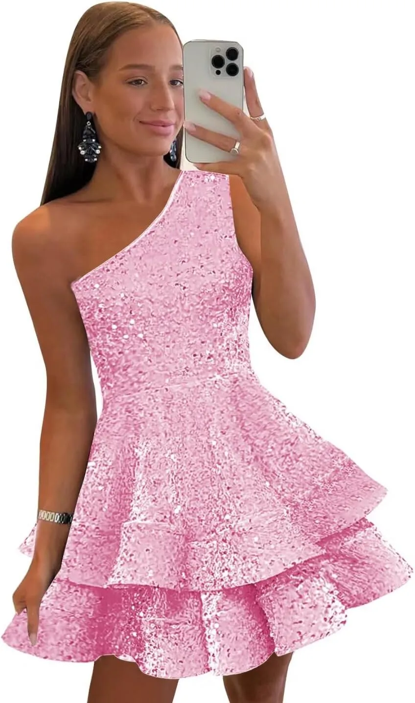 One Shoulder Sequin Homecoming Dresses for Teens Short Sparkly Layered Prom Party Gown