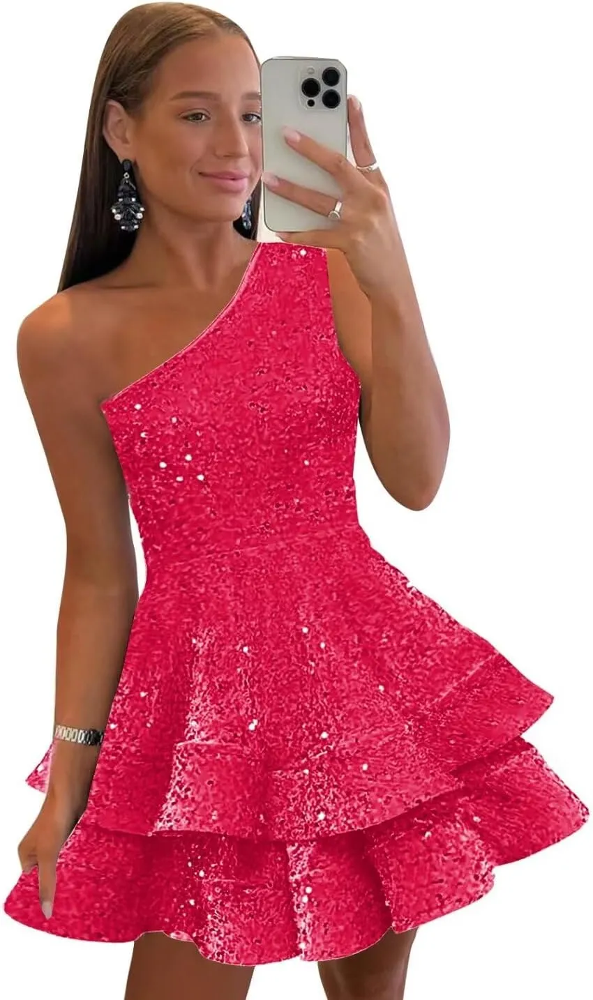 One Shoulder Sequin Homecoming Dresses for Teens Short Sparkly Layered Prom Party Gown