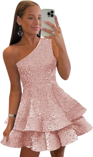 One Shoulder Sequin Homecoming Dresses for Teens Short Sparkly Layered Prom Party Gown