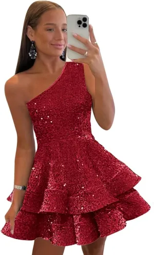 One Shoulder Sequin Homecoming Dresses for Teens Short Sparkly Layered Prom Party Gown