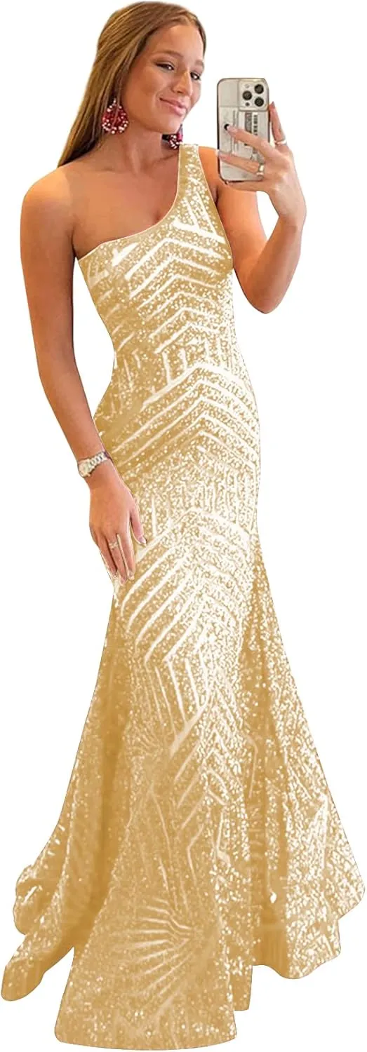 One Shoulder Sequin Mermaid Prom Dresses for Women Long Sparkly Formal Evening Gowns