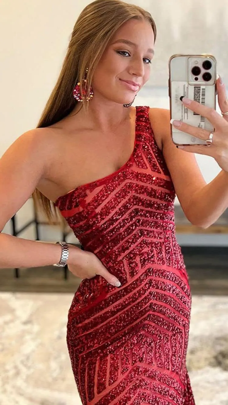 One Shoulder Sequin Mermaid Prom Dresses for Women Long Sparkly Formal Evening Gowns