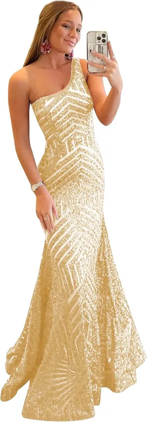 One Shoulder Sequin Mermaid Prom Dresses for Women Long Sparkly Formal Evening Gowns
