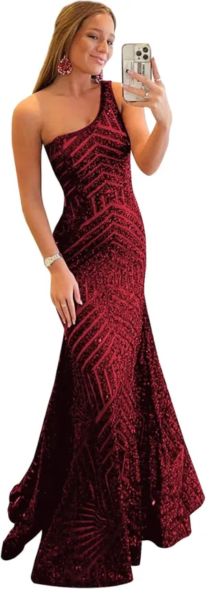 One Shoulder Sequin Mermaid Prom Dresses for Women Long Sparkly Formal Evening Gowns