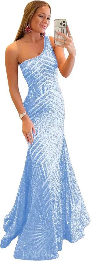 One Shoulder Sequin Mermaid Prom Dresses for Women Long Sparkly Formal Evening Gowns