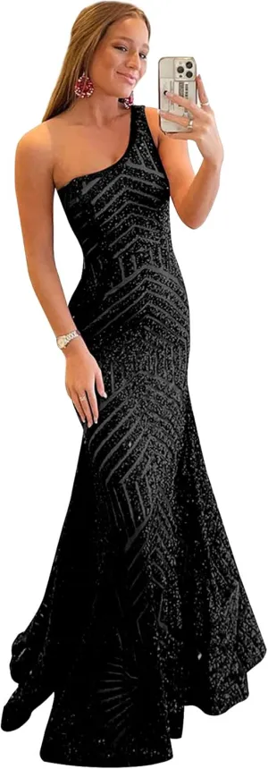 One Shoulder Sequin Mermaid Prom Dresses for Women Long Sparkly Formal Evening Gowns