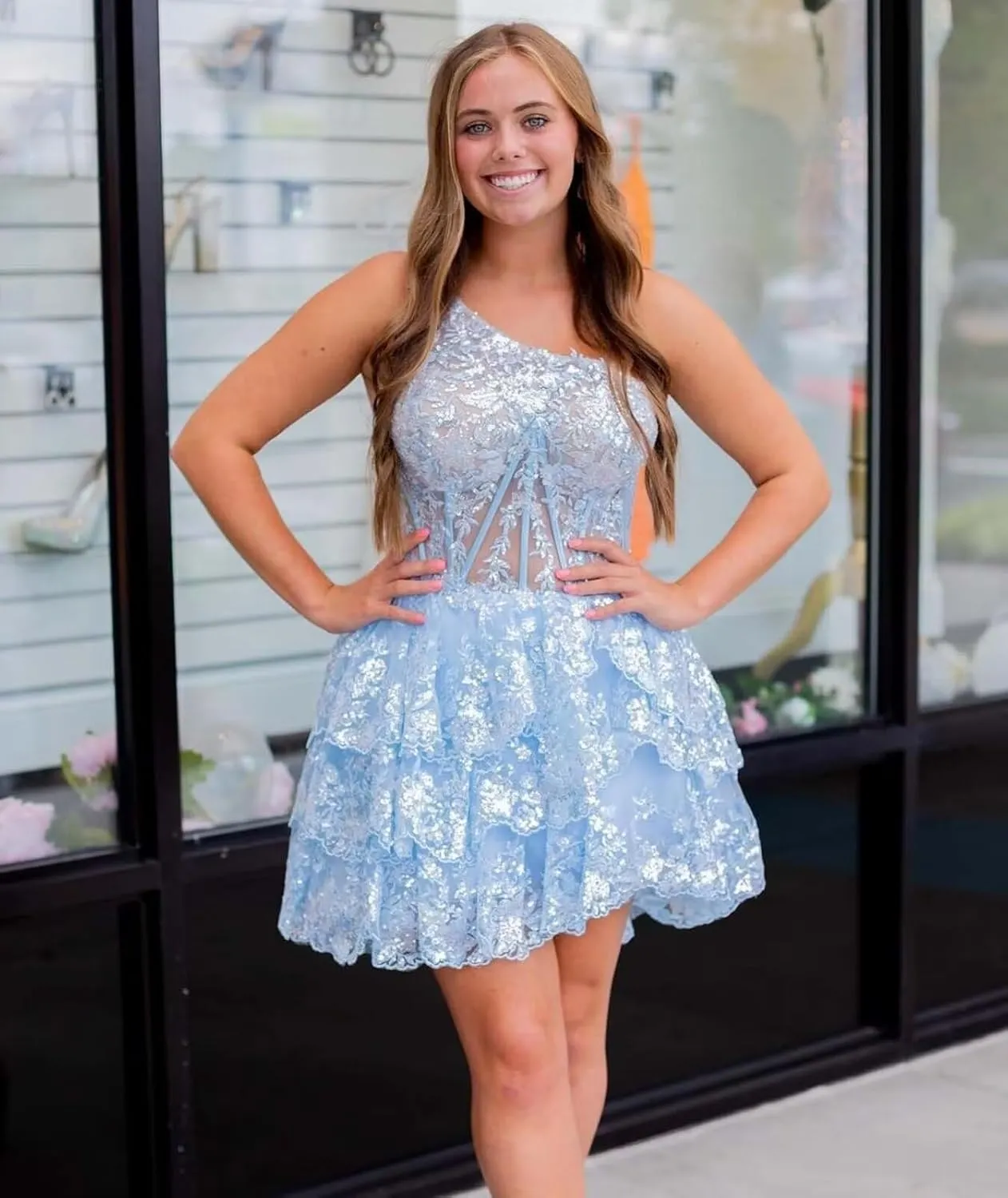 One Shoulder Short Tulle Homecoming Dresses for Teens 2024 Sparkly Lace Applique Ruffled Corset Prom Dress