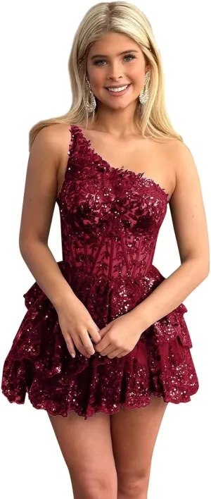 One Shoulder Short Tulle Homecoming Dresses for Teens 2024 Sparkly Lace Applique Ruffled Corset Prom Dress