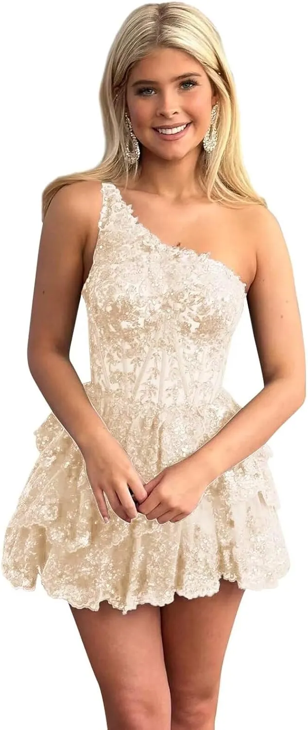One Shoulder Short Tulle Homecoming Dresses for Teens 2024 Sparkly Lace Applique Ruffled Corset Prom Dress