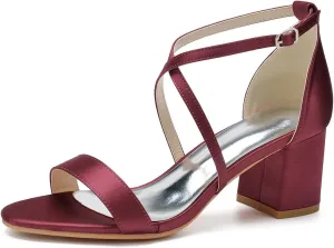 Open Toe Satin Block Heels Wedding Shoes for Bride Low Heels Criss Cross Straps Bridal Shoes Ankle Strap Prom Party Dress Shoes for Women