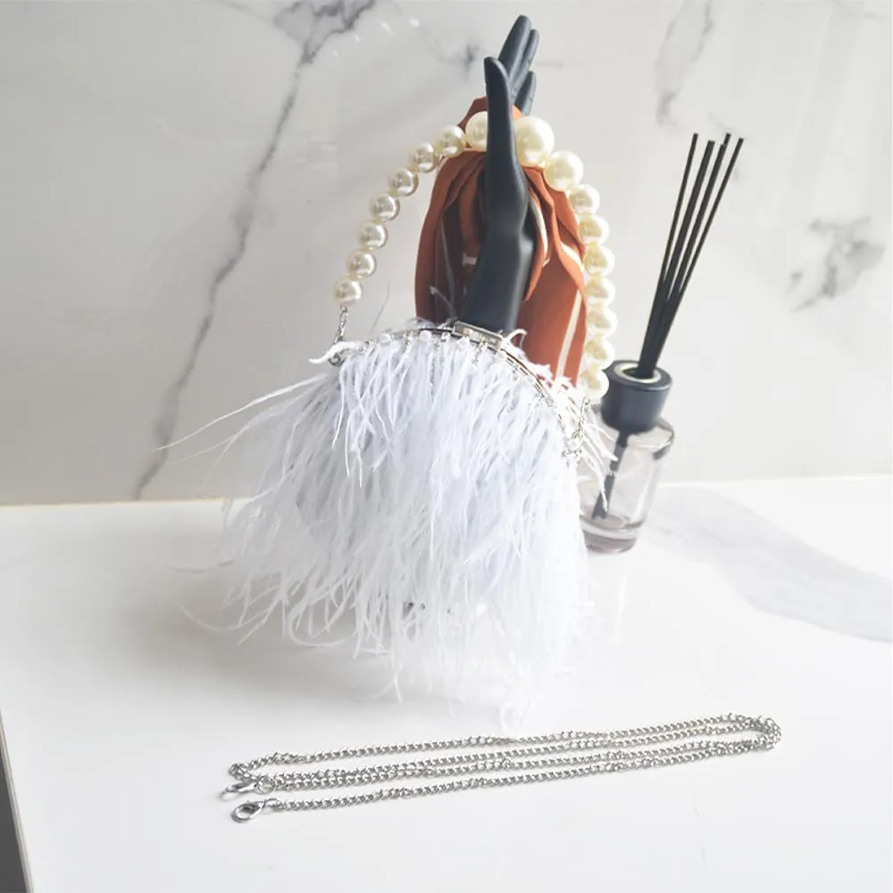 Ostrich Evening Bags for Women Feather Women Clutches Evening Ostrich Feather Purse Pearl Feather Clutch Party White
