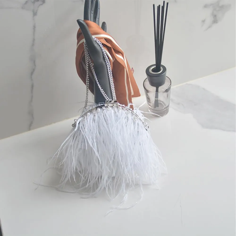 Ostrich Evening Bags for Women Feather Women Clutches Evening Ostrich Feather Purse Pearl Feather Clutch Party White