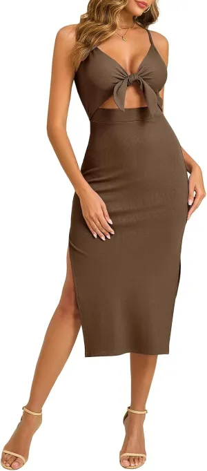 oten Women's Sexy Spaghetti Strap Tie Knot Cut Out Bodycon Sleeveless Ribbed Knit Slit Club Party Midi Dresses