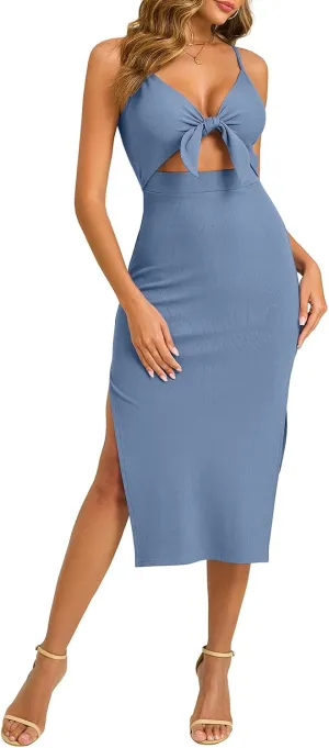 oten Women's Sexy Spaghetti Strap Tie Knot Cut Out Bodycon Sleeveless Ribbed Knit Slit Club Party Midi Dresses