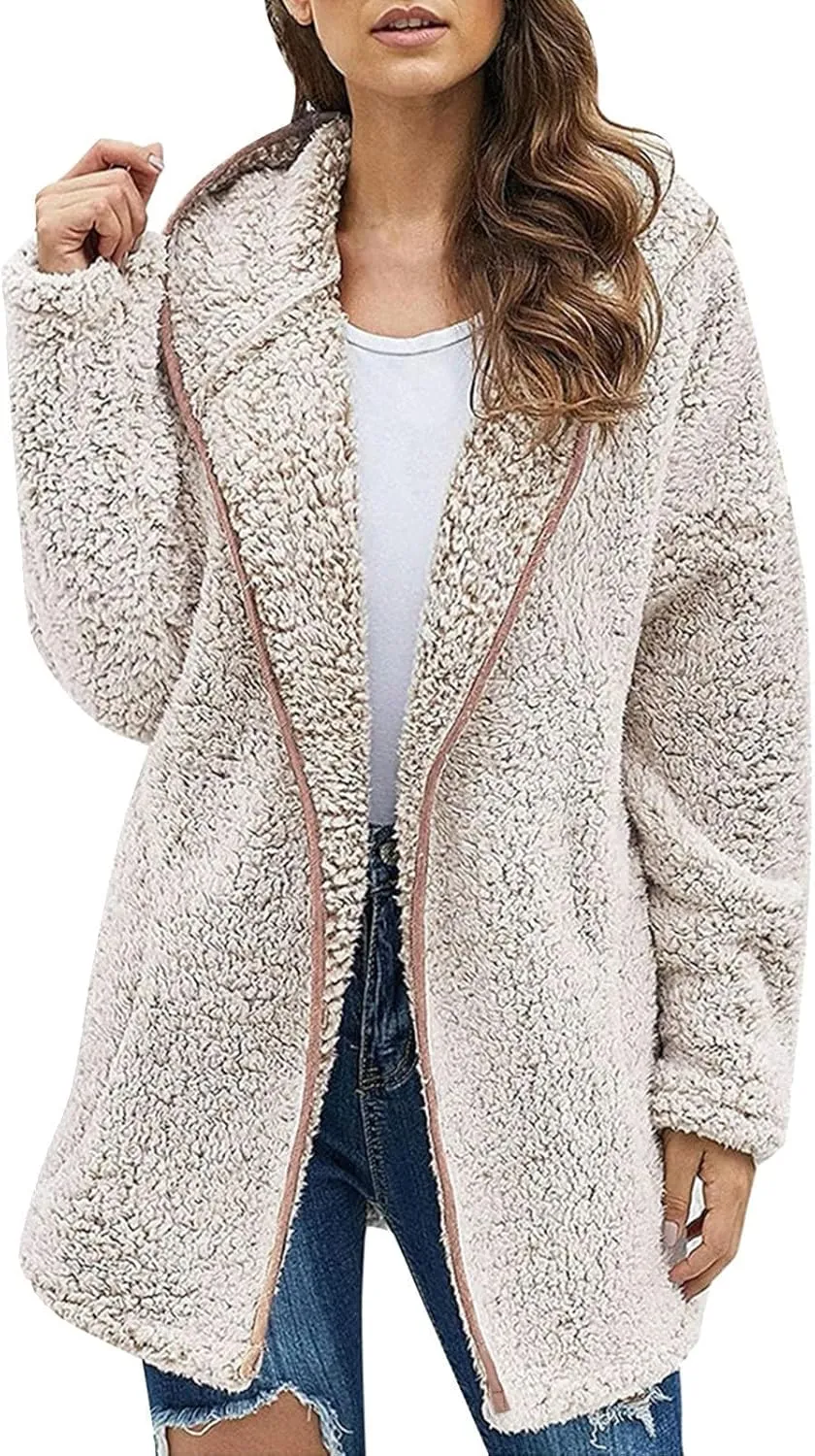 Oversized Sherpa Jacket for Women Winter Fleece Fuzzy Hooded Zip Up Jacket Casual Plus Size Solid Color Sweater Coat