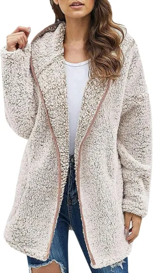 Oversized Sherpa Jacket for Women Winter Fleece Fuzzy Hooded Zip Up Jacket Casual Plus Size Solid Color Sweater Coat