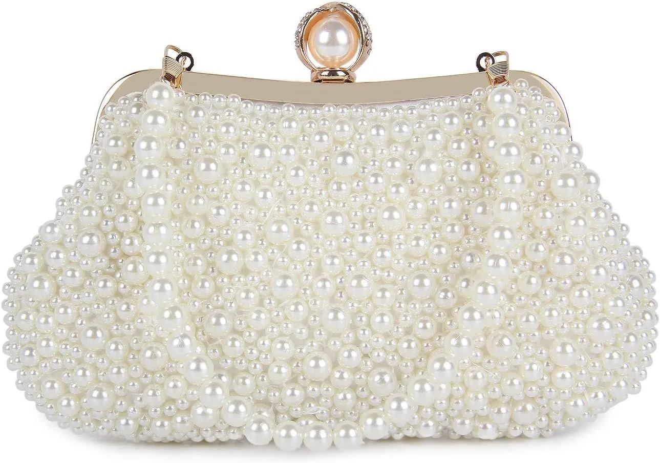 Oweisong White Pearl Clutch Purses for Women Wedding Bride Pearl Evening Bag Party Clutch Wallet Tote Handbag