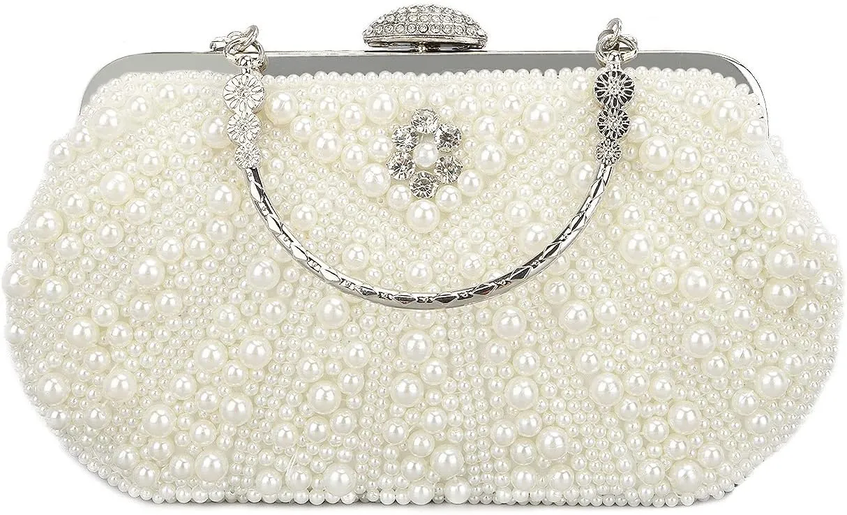 Oweisong White Pearl Clutch Purses for Women Wedding Bride Pearl Evening Bag Party Clutch Wallet Tote Handbag