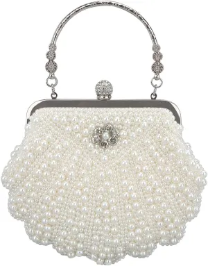 Oweisong White Pearl Clutch Purses for Women Wedding Bride Pearl Evening Bag Party Clutch Wallet Tote Handbag