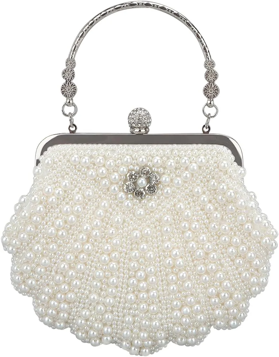 Oweisong White Pearl Clutch Purses for Women Wedding Bride Pearl Evening Bag Party Clutch Wallet Tote Handbag