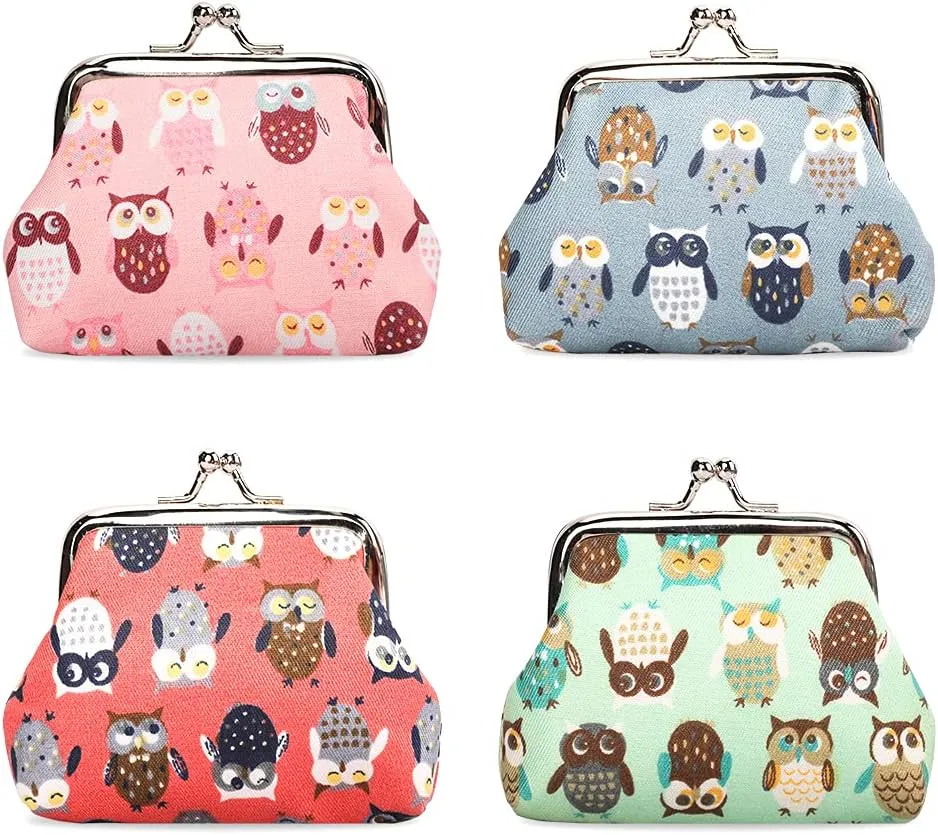 Oyachic 4Pcs Cute Owl Coin Purse,Small Leather Change Purse,Clasp Wallet for Girls Women