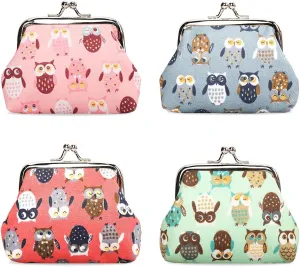 Oyachic 4Pcs Cute Owl Coin Purse,Small Leather Change Purse,Clasp Wallet for Girls Women