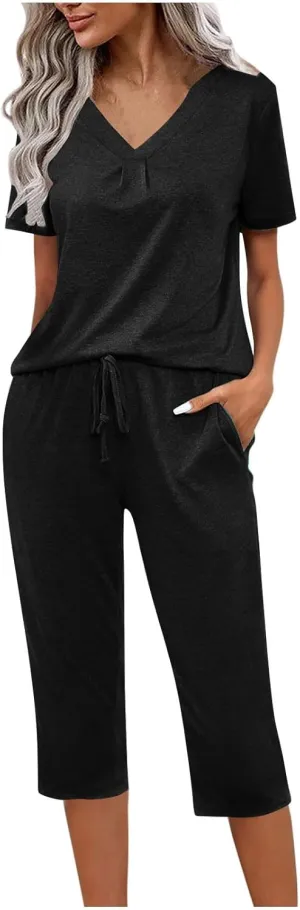 Pajama Sets For Women Casual Summer 2 Piece Capri Pjs Set Short Sleeve V Neck Sleepwear Trendy Clothes Outfits