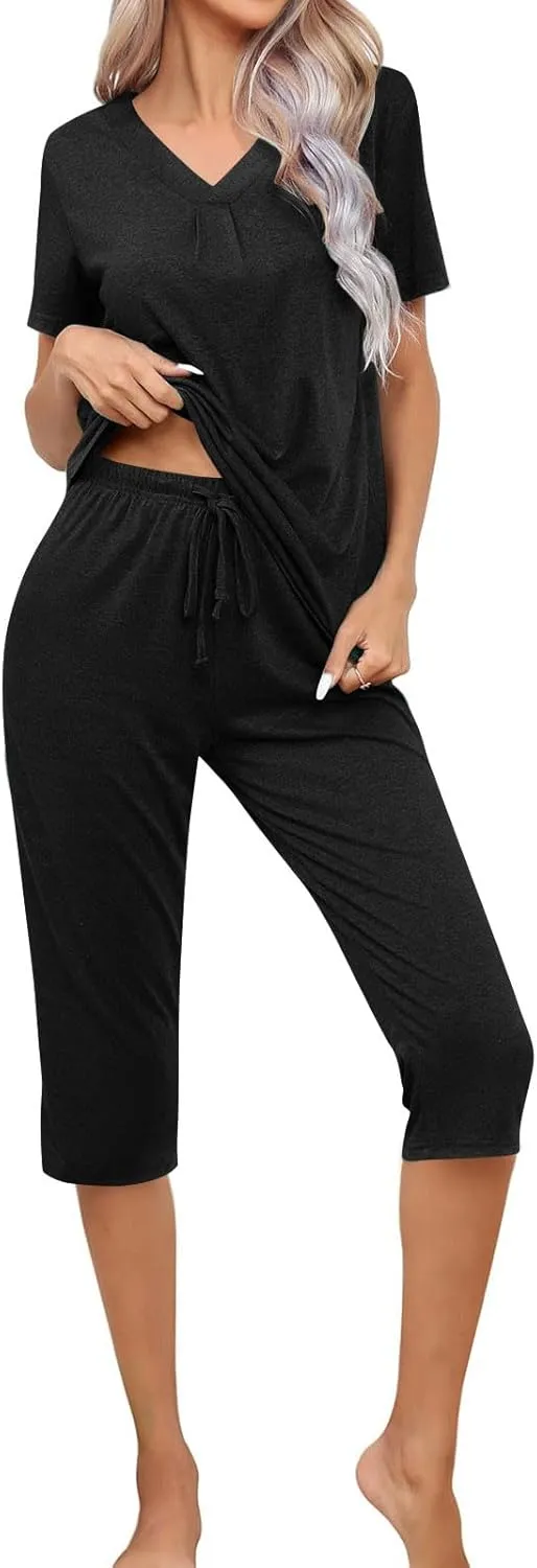 Pajama Sets For Women Casual Summer 2 Piece Capri Pjs Set Short Sleeve V Neck Sleepwear Trendy Clothes Outfits