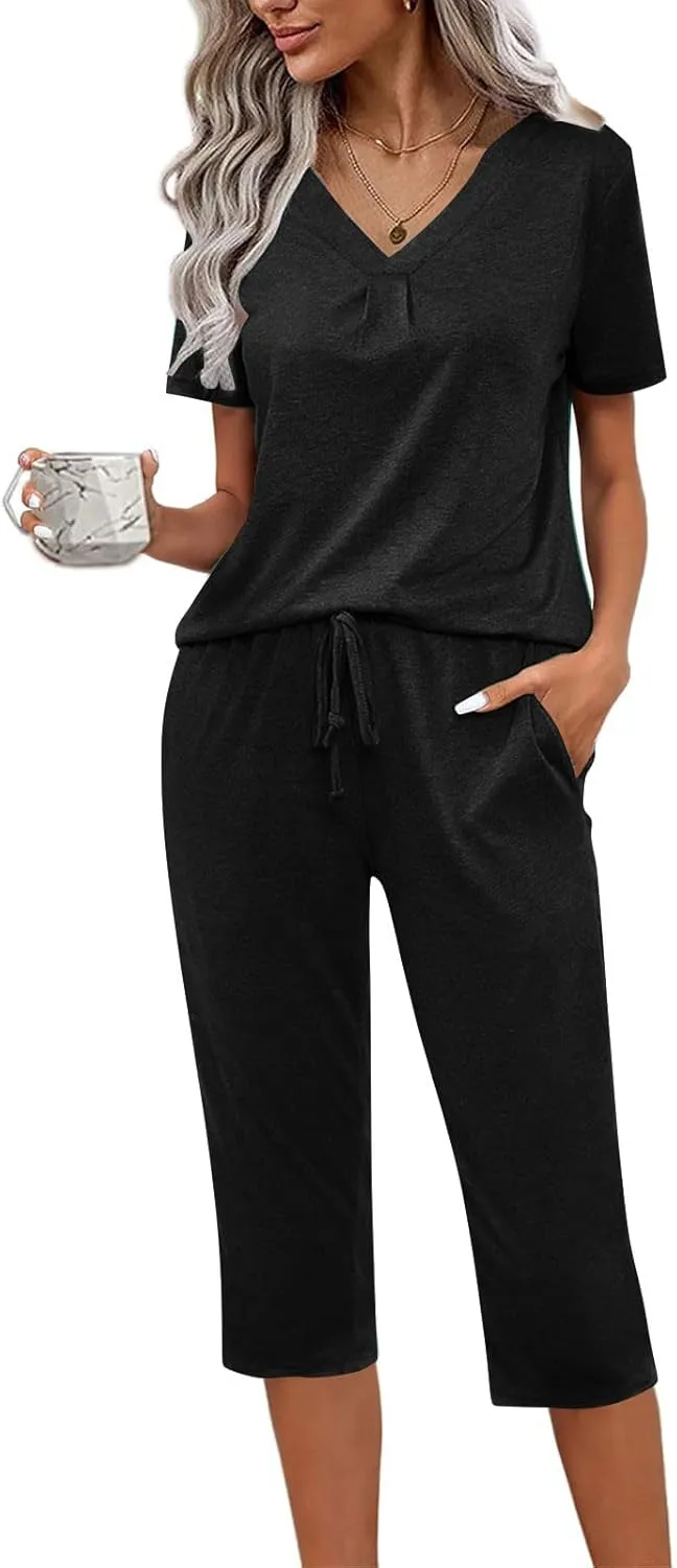 Pajama Sets For Women Casual Summer 2 Piece Capri Pjs Set Short Sleeve V Neck Sleepwear Trendy Clothes Outfits