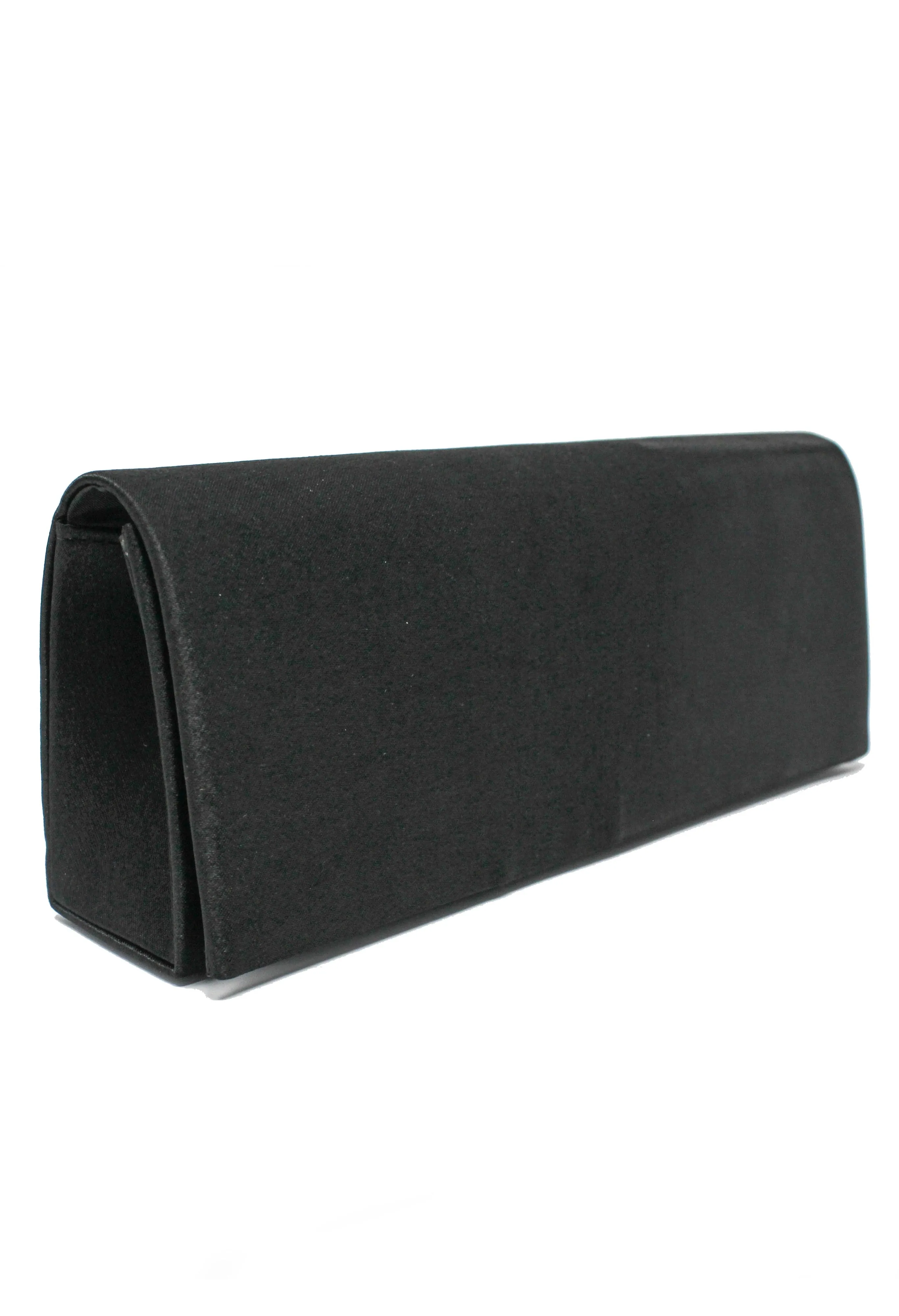PAMELA SCOTT SATIN CLUTCH BAG IN BLACK.