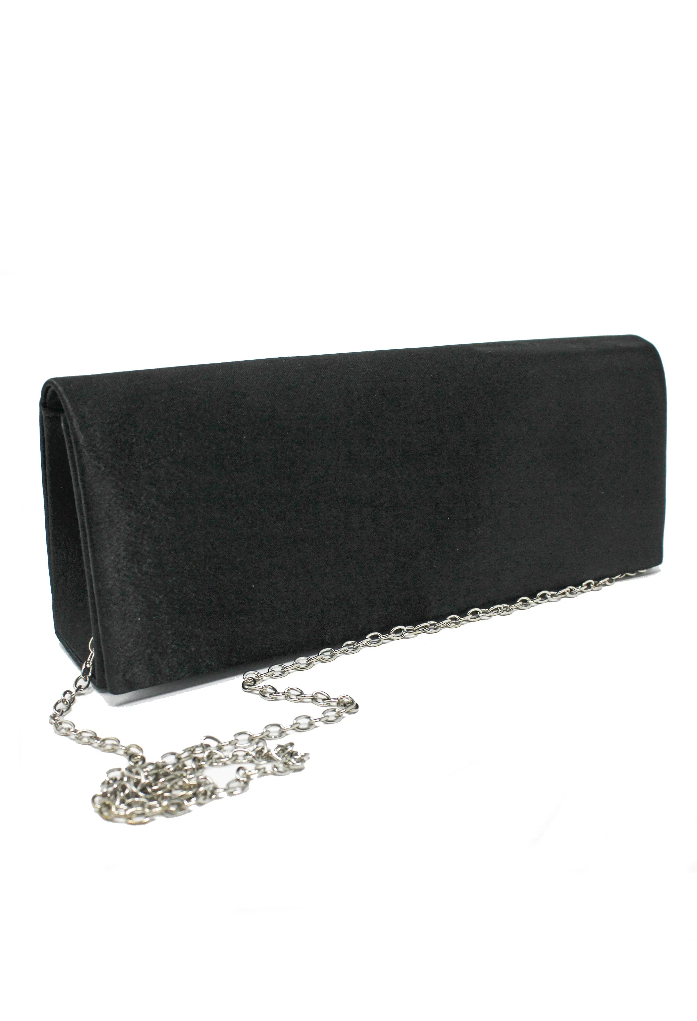 PAMELA SCOTT SATIN CLUTCH BAG IN BLACK.